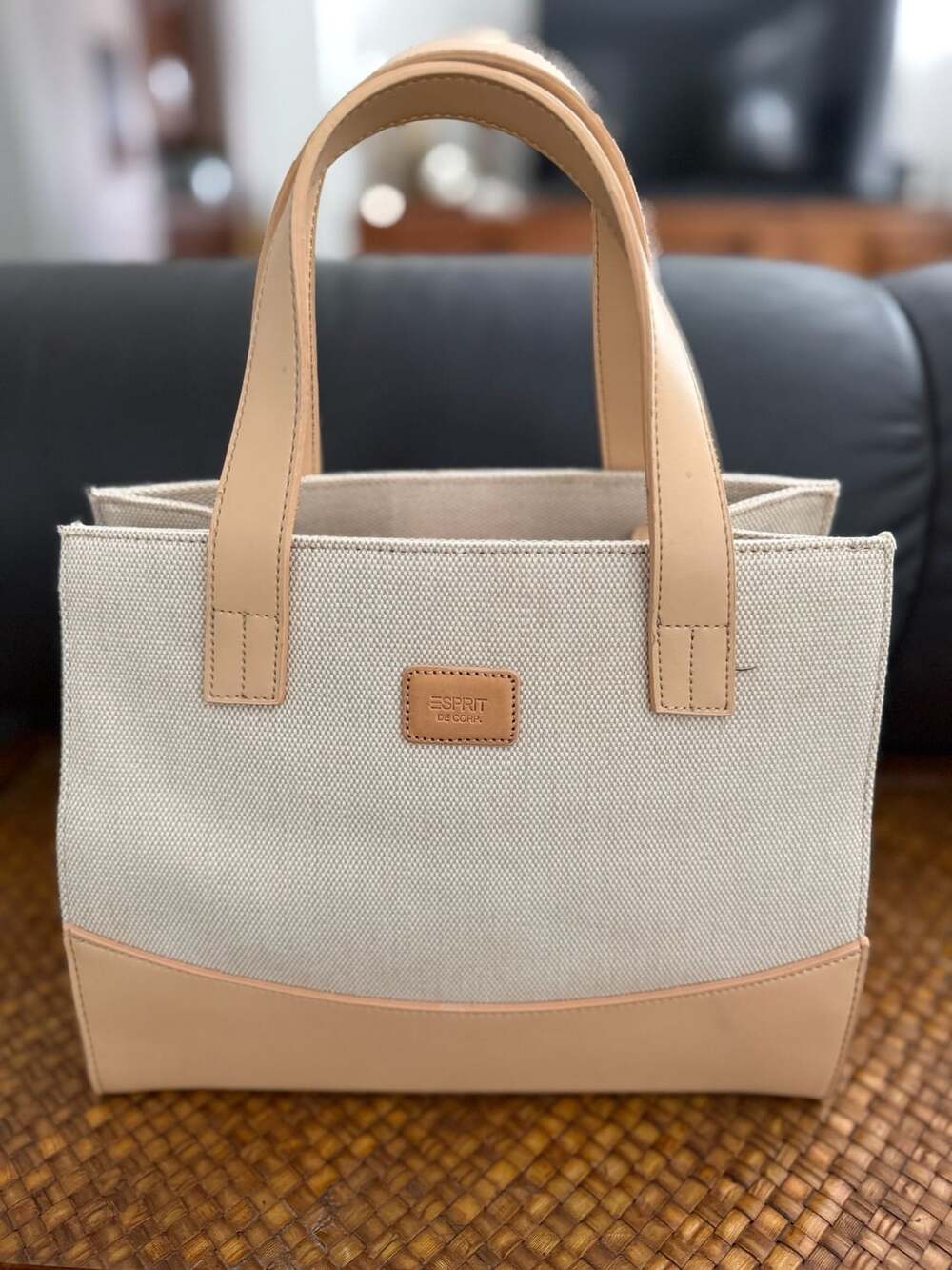 Esprit De Corp Canvas Tote Bag Beige Leather Trim